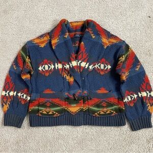 Vintage POLO Ralph Lauren GEOMETRIC Southwestern FLAG Shawl CARDIGAN Sweater XL